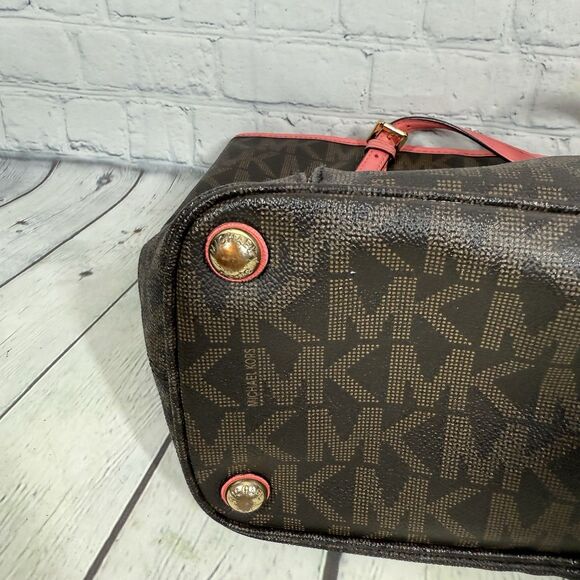 Michael Kors Tore Shoulder Bag Women Monogram MK logo Brown Pink Medium Jet Set - Picture 15 of 16